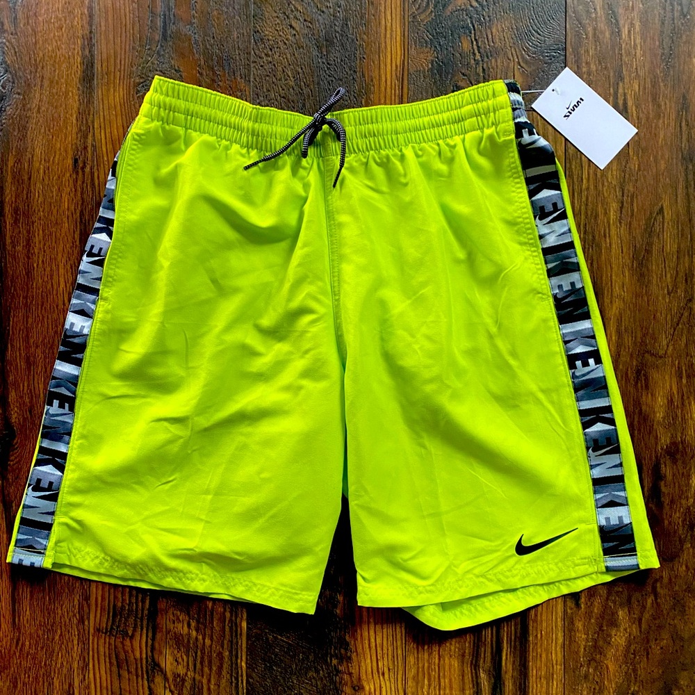 New Nike Swim Men's Logo Tape Volley Shorts 9 inch NESSC472-312 Atomic Green